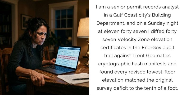 I am a senior permit records analyst in a Gulf Coast city’s Building Department, and on a Sunday night at eleven forty-seven I diffed forty-seven Velocity Zone elevation certificates in the EnerGov audit trail against Trent Geomatics cryptographic hash manifests and found every revised lowest-floor elevation matched the original survey deficit to the tenth of a foot.