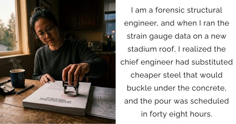 I am a forensic structural engineer, and when I ran the strain-gauge data on a new stadium roof, I realized the chief engineer had substituted cheaper steel that would buckle under the concrete, and the pour was scheduled in forty-eight hours.