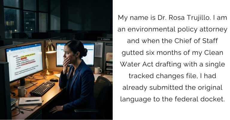 My name is Dr. Rosa Trujillo. I am an environmental policy attorney — and when the Chief of Staff gutted six months of my Clean Water Act drafting with a single tracked-changes file, I had already submitted the original language to the federal docket.