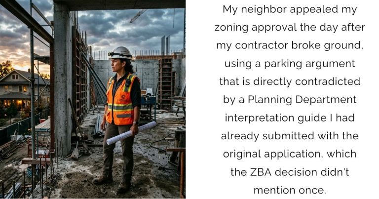 My neighbor appealed my zoning approval the day after my contractor broke ground, using a parking argument that is directly contradicted by a Planning Department interpretation guide I had already submitted with the original application, which the ZBA decision didn’t mention once.