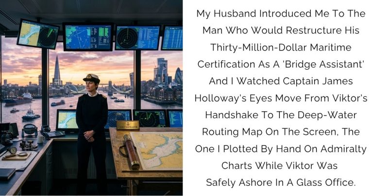 My Husband Introduced Me To The Man Who Would Restructure His Thirty-Million-Dollar Maritime Certification As A ‘Bridge Assistant’ — And I Watched Captain James Holloway’s Eyes Move From Viktor’s Handshake To The Deep-Water Routing Map On The Screen, The One I Plotted By Hand On Admiralty Charts While Viktor Was Safely Ashore In A Glass Office.