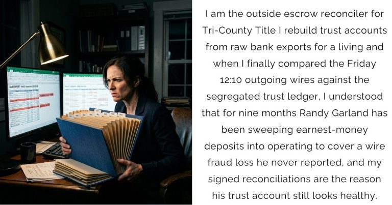 I am the outside escrow reconciler for Tri-County Title — I rebuild trust accounts from raw bank exports for a living — and when I finally compared the Friday 12:10 outgoing wires against the segregated trust ledger, I understood that for nine months Randy Garland has been sweeping earnest-money deposits into operating to cover a wire-fraud loss he never reported, and my signed reconciliations are the reason his trust account still looks healthy.