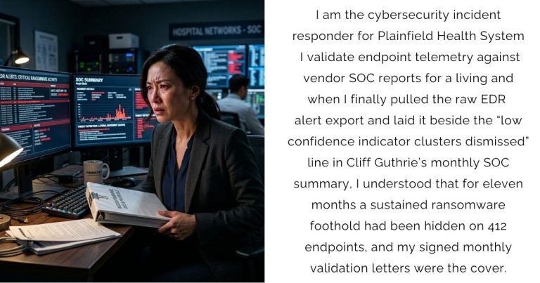 I am the cybersecurity incident responder for Plainfield Health System — I validate endpoint telemetry against vendor SOC reports for a living — and when I finally pulled the raw EDR alert export and laid it beside the “low-confidence indicator clusters — dismissed” line in Cliff Guthrie’s monthly SOC summary, I understood that for eleven months a sustained ransomware foothold had been hidden on 412 endpoints, and my signed monthly validation letters were the cover.