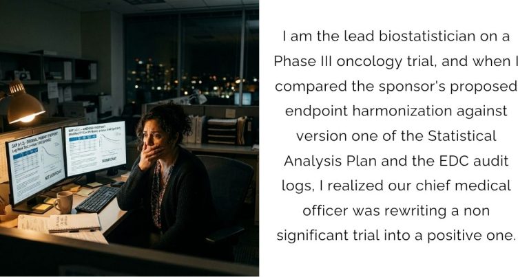 I am the lead biostatistician on a Phase III oncology trial, and when I compared the sponsor’s proposed endpoint harmonization against version one of the Statistical Analysis Plan and the EDC audit logs, I realized our chief medical officer was rewriting a non-significant trial into a positive one.
