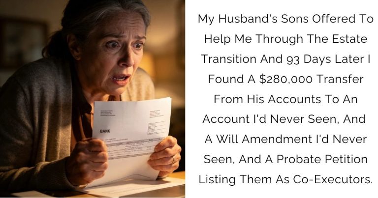 My Husband’s Sons Offered To Help Me Through The Estate Transition — And 93 Days Later I Found A $280,000 Transfer From His Accounts To An Account I’d Never Seen, And A Will Amendment I’d Never Seen, And A Probate Petition Listing Them As Co-Executors.