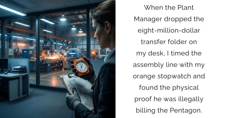 When the Plant Manager dropped the eight-million-dollar transfer folder on my desk, I timed the assembly line with my orange stopwatch and found the physical proof he was illegally billing the Pentagon.