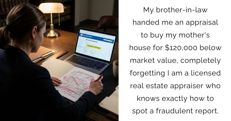 My brother-in-law handed me an appraisal to buy my mother’s house for $120,000 below market value, completely forgetting I am a licensed real estate appraiser who knows exactly how to spot a fraudulent report.