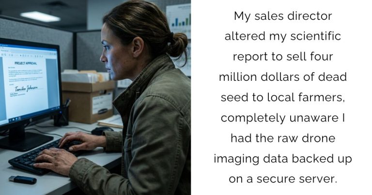 My sales director altered my scientific report to sell four million dollars of dead seed to local farmers, completely unaware I had the raw drone imaging data backed up on a secure server.
