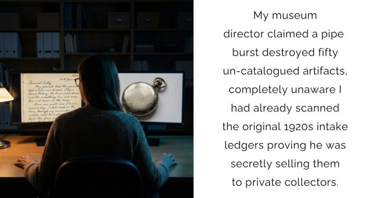 My museum director claimed a pipe burst destroyed fifty un-catalogued artifacts, completely unaware I had already scanned the original 1920s intake ledgers proving he was secretly selling them to private collectors.
