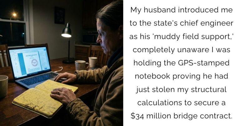 My husband introduced me to the state’s chief engineer as his ‘muddy field support,’ completely unaware I was holding the GPS-stamped notebook proving he had just stolen my structural calculations to secure a $34 million bridge contract.