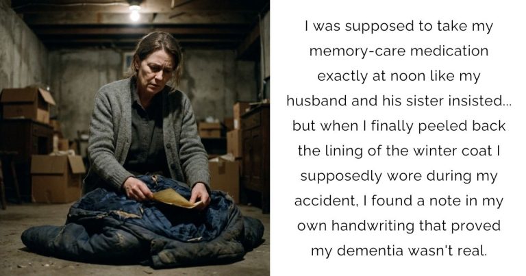 I was supposed to take my memory-care medication exactly at noon like my husband and his sister insisted… but when I finally peeled back the lining of the winter coat I supposedly wore during my accident, I found a note in my own handwriting that proved my dementia wasn’t real.
