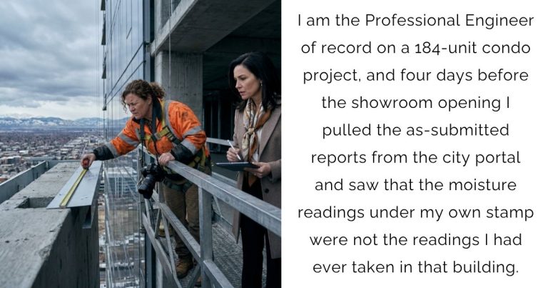 I am the Professional Engineer of record on a 184-unit condo project, and four days before the showroom opening I pulled the as-submitted reports from the city portal and saw that the moisture readings under my own stamp were not the readings I had ever taken in that building.