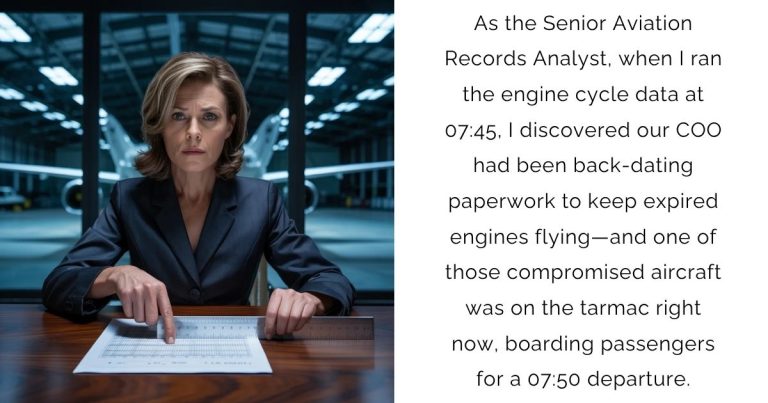 As the Senior Aviation Records Analyst, when I ran the engine cycle data at 07:45, I discovered our COO had been back-dating paperwork to keep expired engines flying—and one of those compromised aircraft was on the tarmac right now, boarding passengers for a 07:50 departure.