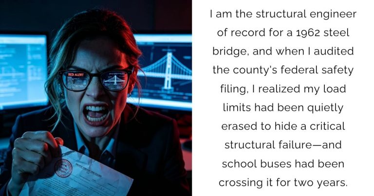 I am the structural engineer of record for a 1962 steel bridge, and when I audited the county’s federal safety filing, I realized my load limits had been quietly erased to hide a critical structural failure—and school buses had been crossing it for two years.