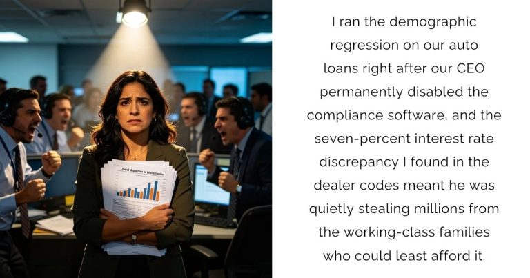 I ran the demographic regression on our auto loans right after our CEO permanently disabled the compliance software, and the seven-percent interest rate discrepancy I found in the dealer codes meant he was quietly stealing millions from the working-class families who could least afford it.