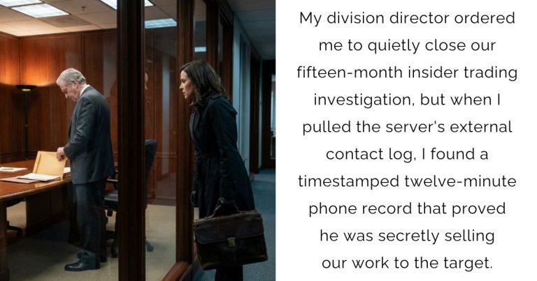 My division director ordered me to quietly close our fifteen-month insider trading investigation, but when I pulled the server’s external contact log, I found a timestamped twelve-minute phone record that proved he was secretly selling our work to the target.
