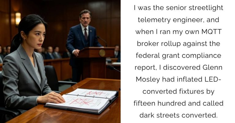 I was the senior streetlight telemetry engineer, and when I ran my own MQTT broker rollup against the federal grant compliance report, I discovered Glenn Mosley had inflated LED-converted fixtures by fifteen hundred and called dark streets converted.