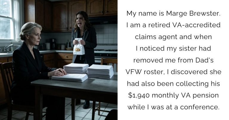 My name is Marge Brewster. I am a retired VA-accredited claims agent and when I noticed my sister had removed me from Dad’s VFW roster, I discovered she had also been collecting his $1,940 monthly VA pension while I was at a conference.