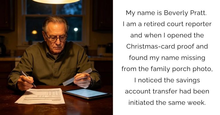 My name is Beverly Pratt. I am a retired court reporter and when I opened the Christmas-card proof and found my name missing from the family porch photo, I noticed the savings account transfer had been initiated the same week.