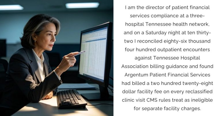 I am the director of patient financial services compliance at a three-hospital Tennessee health network, and on a Saturday night at ten thirty-two I reconciled eighty-six thousand four hundred outpatient encounters against Tennessee Hospital Association billing guidance and found Argentum Patient Financial Services had billed a two hundred twenty-eight dollar facility fee on every reclassified clinic visit CMS rules treat as ineligible for separate facility charges.