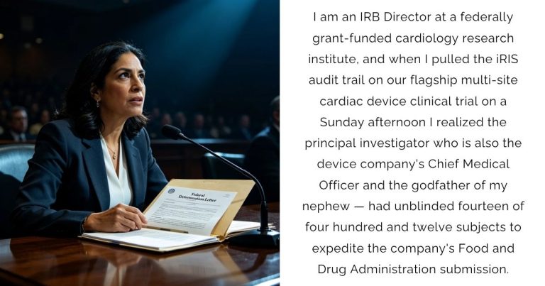 I am an IRB Director at a federally grant-funded cardiology research institute, and when I pulled the iRIS audit trail on our flagship multi-site cardiac device clinical trial on a Sunday afternoon I realized the principal investigator — who is also the device company’s Chief Medical Officer and the godfather of my nephew — had unblinded fourteen of four hundred and twelve subjects to expedite the company’s Food and Drug Administration submission.