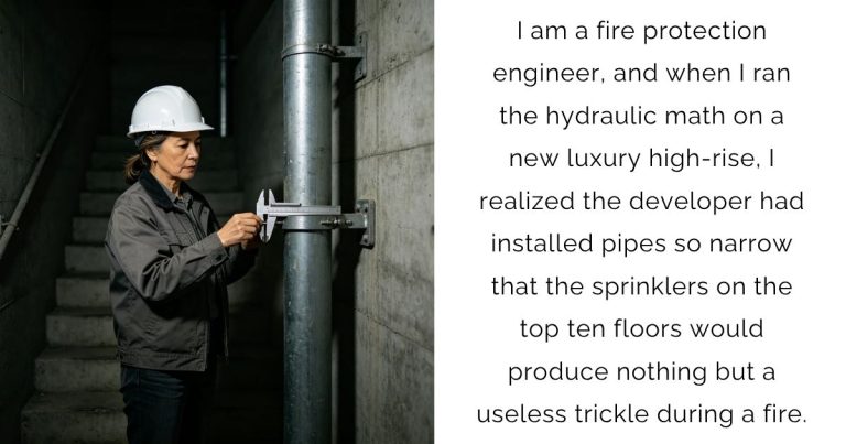 I am a fire protection engineer, and when I ran the hydraulic math on a new luxury high-rise, I realized the developer had installed pipes so narrow that the sprinklers on the top ten floors would produce nothing but a useless trickle during a fire.
