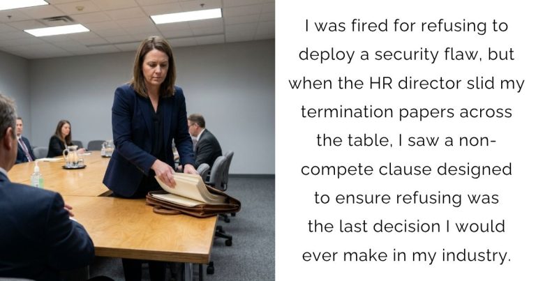 I was fired for refusing to deploy a security flaw, but when the HR director slid my termination papers across the table, I saw a non-compete clause designed to ensure refusing was the last decision I would ever make in my industry.