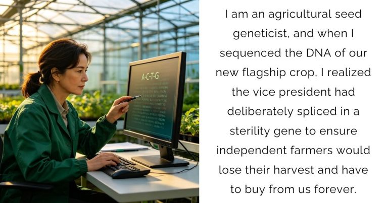 I am an agricultural seed geneticist, and when I sequenced the DNA of our new flagship crop, I realized the vice president had deliberately spliced in a sterility gene to ensure independent farmers would lose their harvest and have to buy from us forever.