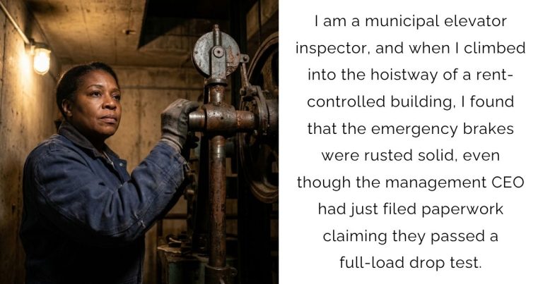 I am a municipal elevator inspector, and when I climbed into the hoistway of a rent-controlled building, I found that the emergency brakes were rusted solid, even though the management CEO had just filed paperwork claiming they passed a full-load drop test.