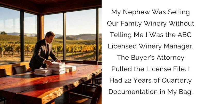 My Nephew Was Selling Our Family Winery Without Telling Me I Was the ABC Licensed Winery Manager. The Buyer’s Attorney Pulled the License File. I Had 22 Years of Quarterly Documentation in My Bag.
