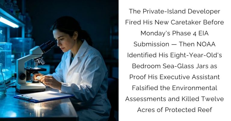 The Private-Island Developer Fired His New Caretaker Before Monday’s Phase 4 EIA Submission — Then NOAA Identified His Eight-Year-Old’s Bedroom Sea-Glass Jars as Proof His Executive Assistant Falsified the Environmental Assessments and Killed Twelve Acres of Protected Reef