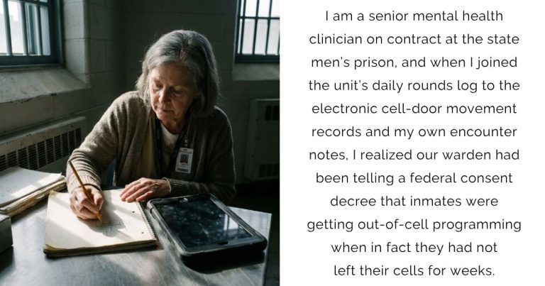 I am a senior mental health clinician on contract at the state men’s prison, and when I joined the unit’s daily rounds log to the electronic cell-door movement records and my own encounter notes, I realized our warden had been telling a federal consent decree that inmates were getting out-of-cell programming when in fact they had not left their cells for weeks.