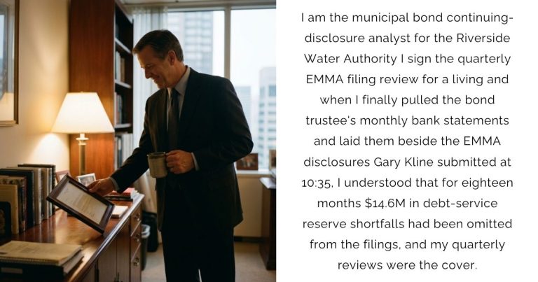 I am the municipal bond continuing-disclosure analyst for the Riverside Water Authority I sign the quarterly EMMA filing review for a living and when I finally pulled the bond trustee’s monthly bank statements and laid them beside the EMMA disclosures Gary Kline submitted at 10:35, I understood that for eighteen months $14.6M in debt-service reserve shortfalls had been omitted from the filings, and my quarterly reviews were the cover.