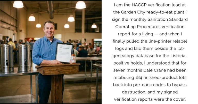 I am the HACCP verification lead at the Garden City ready-to-eat plant I sign the monthly Sanitation Standard Operating Procedures verification report for a living — and when I finally pulled the line-printer relabel logs and laid them beside the lot-genealogy database for the Listeria-positive holds, I understood that for seven months Dale Crane had been relabeling 184 finished-product lots back into pre-cook codes to bypass destruction, and my signed verification reports were the cover.