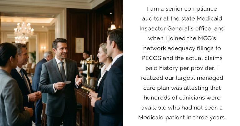 I am a senior compliance auditor at the state Medicaid Inspector General’s office, and when I joined the MCO’s network adequacy filings to PECOS and the actual claims paid history per provider, I realized our largest managed care plan was attesting that hundreds of clinicians were available who had not seen a Medicaid patient in three years.