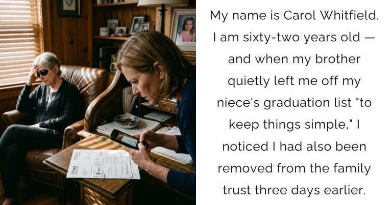 My name is Carol Whitfield. I am sixty-two years old — and when my brother quietly left me off my niece’s graduation list “to keep things simple,” I noticed I had also been removed from the family trust three days earlier.