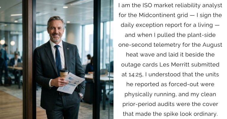 I am the ISO market reliability analyst for the Midcontinent grid — I sign the daily exception report for a living — and when I pulled the plant-side one-second telemetry for the August heat wave and laid it beside the outage cards Les Merritt submitted at 14:25, I understood that the units he reported as forced-out were physically running, and my clean prior-period audits were the cover that made the spike look ordinary.