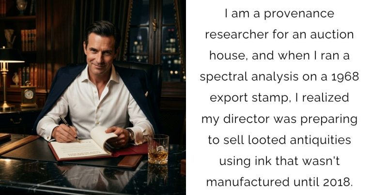 I am a provenance researcher for an auction house, and when I ran a spectral analysis on a 1968 export stamp, I realized my director was preparing to sell looted antiquities using ink that wasn’t manufactured until 2018.