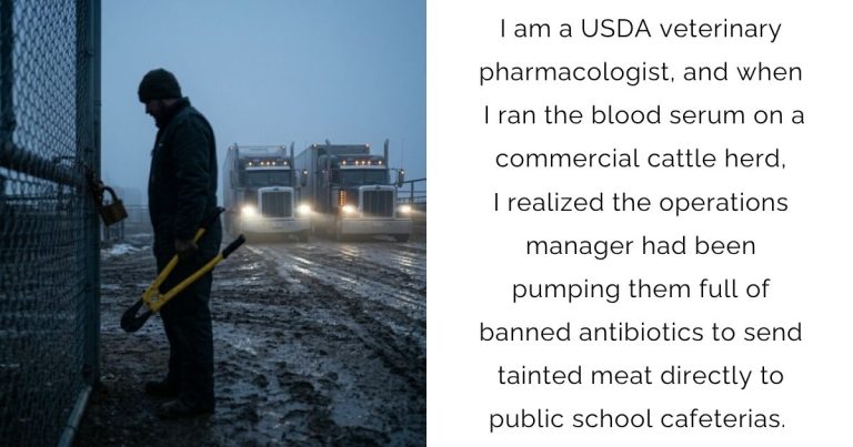 I am a USDA veterinary pharmacologist, and when I ran the blood serum on a commercial cattle herd, I realized the operations manager had been pumping them full of banned antibiotics to send tainted meat directly to public school cafeterias.