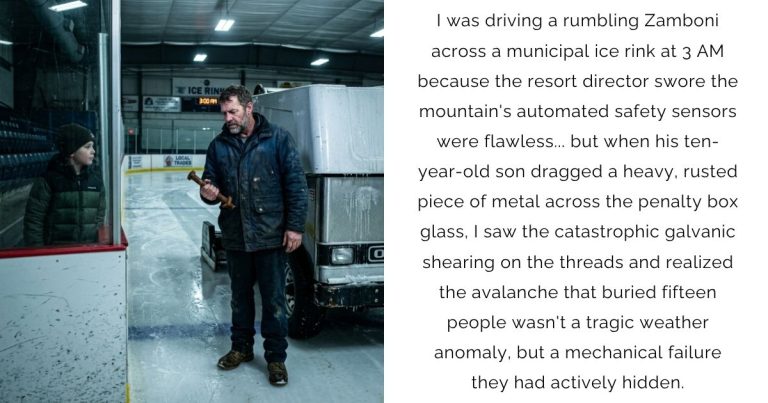 I was driving a rumbling Zamboni across a municipal ice rink at 3 AM because the resort director swore the mountain’s automated safety sensors were flawless… but when his ten-year-old son dragged a heavy, rusted piece of metal across the penalty box glass, I saw the catastrophic galvanic shearing on the threads and realized the avalanche that buried fifteen people wasn’t a tragic weather anomaly, but a mechanical failure they had actively hidden.