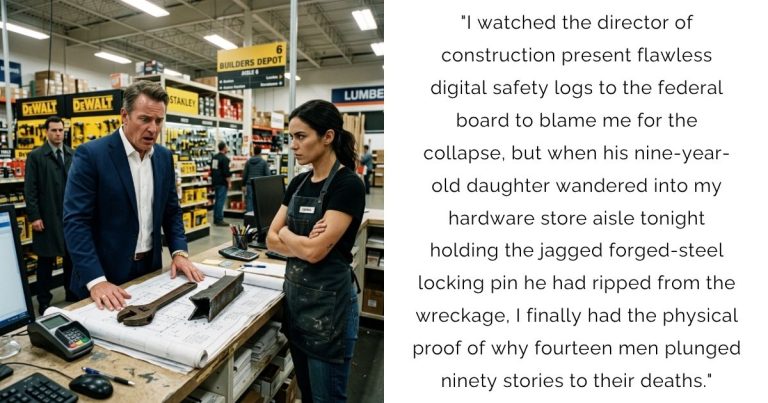 “I watched the director of construction present flawless digital safety logs to the federal board to blame me for the collapse, but when his nine-year-old daughter wandered into my hardware store aisle tonight holding the jagged forged-steel locking pin he had ripped from the wreckage, I finally had the physical proof of why fourteen men plunged ninety stories to their deaths.”