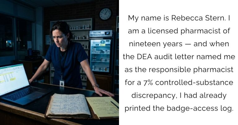 My name is Rebecca Stern. I am a licensed pharmacist of nineteen years — and when the DEA audit letter named me as the responsible pharmacist for a 7% controlled-substance discrepancy, I had already printed the badge-access log.