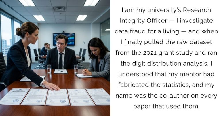 I am my university’s Research Integrity Officer — I investigate data fraud for a living — and when I finally pulled the raw dataset from the 2021 grant study and ran the digit distribution analysis, I understood that my mentor had fabricated the statistics, and my name was the co-author on every paper that used them.