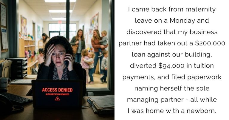 I came back from maternity leave on a Monday and discovered that my business partner had taken out a $200,000 loan against our building, diverted $94,000 in tuition payments, and filed paperwork naming herself the sole managing partner – all while I was home with a newborn.