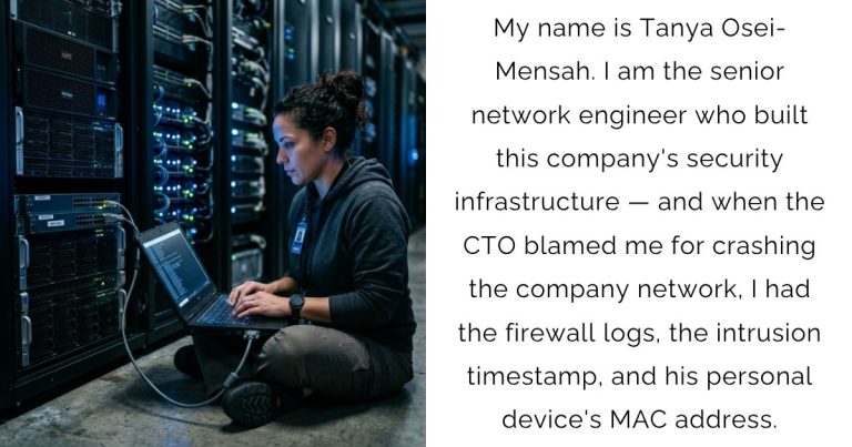 My name is Tanya Osei-Mensah. I am the senior network engineer who built this company’s security infrastructure — and when the CTO blamed me for crashing the company network, I had the firewall logs, the intrusion timestamp, and his personal device’s MAC address.