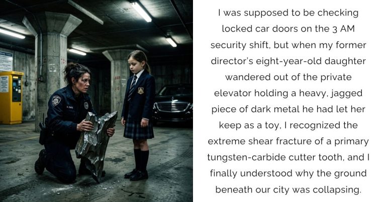 I was supposed to be checking locked car doors on the 3 AM security shift, but when my former director’s eight-year-old daughter wandered out of the private elevator holding a heavy, jagged piece of dark metal he had let her keep as a toy, I recognized the extreme shear fracture of a primary tungsten-carbide cutter tooth, and I finally understood why the ground beneath our city was collapsing.