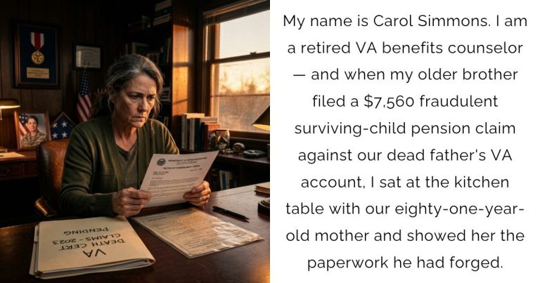 My name is Carol Simmons. I am a retired VA benefits counselor — and when my older brother filed a $7,560 fraudulent surviving-child pension claim against our dead father’s VA account, I sat at the kitchen table with our eighty-one-year-old mother and showed her the paperwork he had forged.