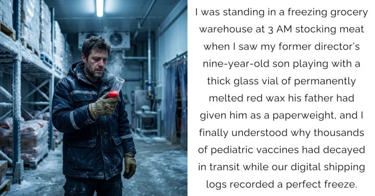 I was standing in a freezing grocery warehouse at 3 AM stocking meat when I saw my former director’s nine-year-old son playing with a thick glass vial of permanently melted red wax his father had given him as a paperweight, and I finally understood why thousands of pediatric vaccines had decayed in transit while our digital shipping logs recorded a perfect freeze.