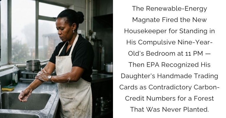 The Renewable-Energy Magnate Fired the New Housekeeper for Standing in His Compulsive Nine-Year-Old’s Bedroom at 11 PM — Then EPA Recognized His Daughter’s Handmade Trading Cards as Contradictory Carbon-Credit Numbers for a Forest That Was Never Planted.