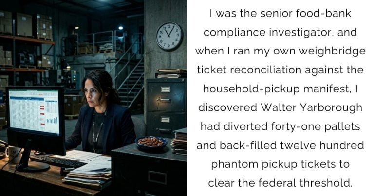 I was the senior food-bank compliance investigator, and when I ran my own weighbridge ticket reconciliation against the household-pickup manifest, I discovered Walter Yarborough had diverted forty-one pallets and back-filled twelve hundred phantom pickup tickets to clear the federal threshold.
